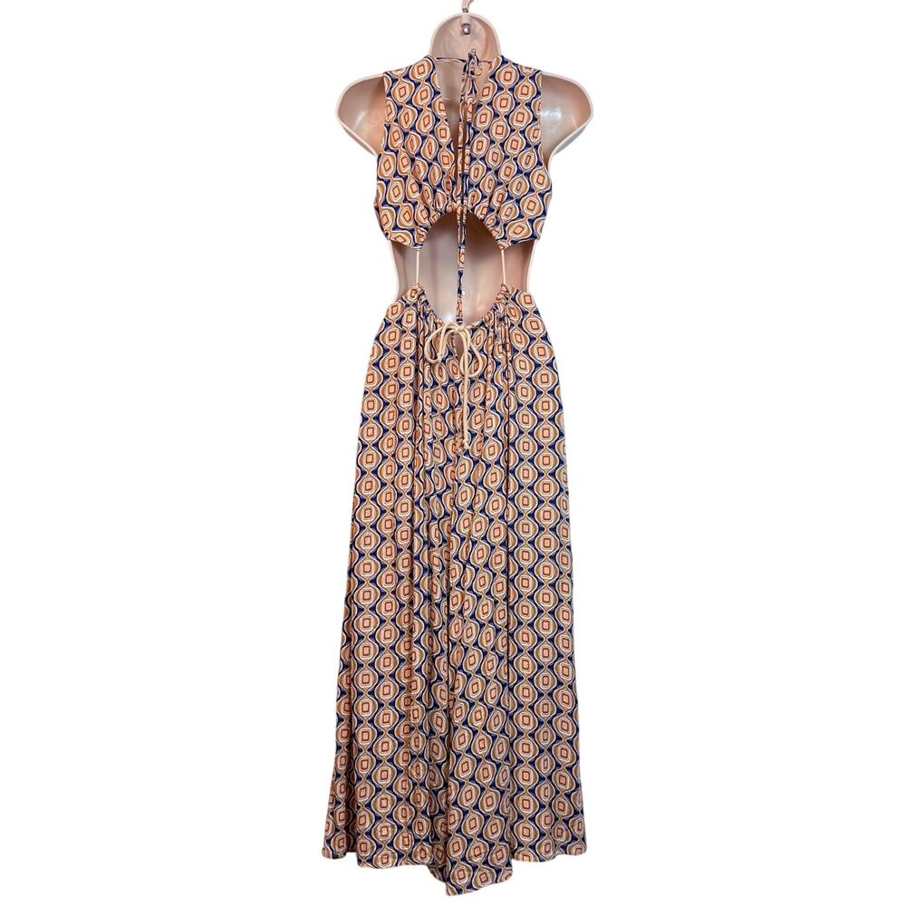 Seventeenstars Cut Out Maxi Dress Side Slit Blue Gold Cream Retro Print - Picture 3 of 16